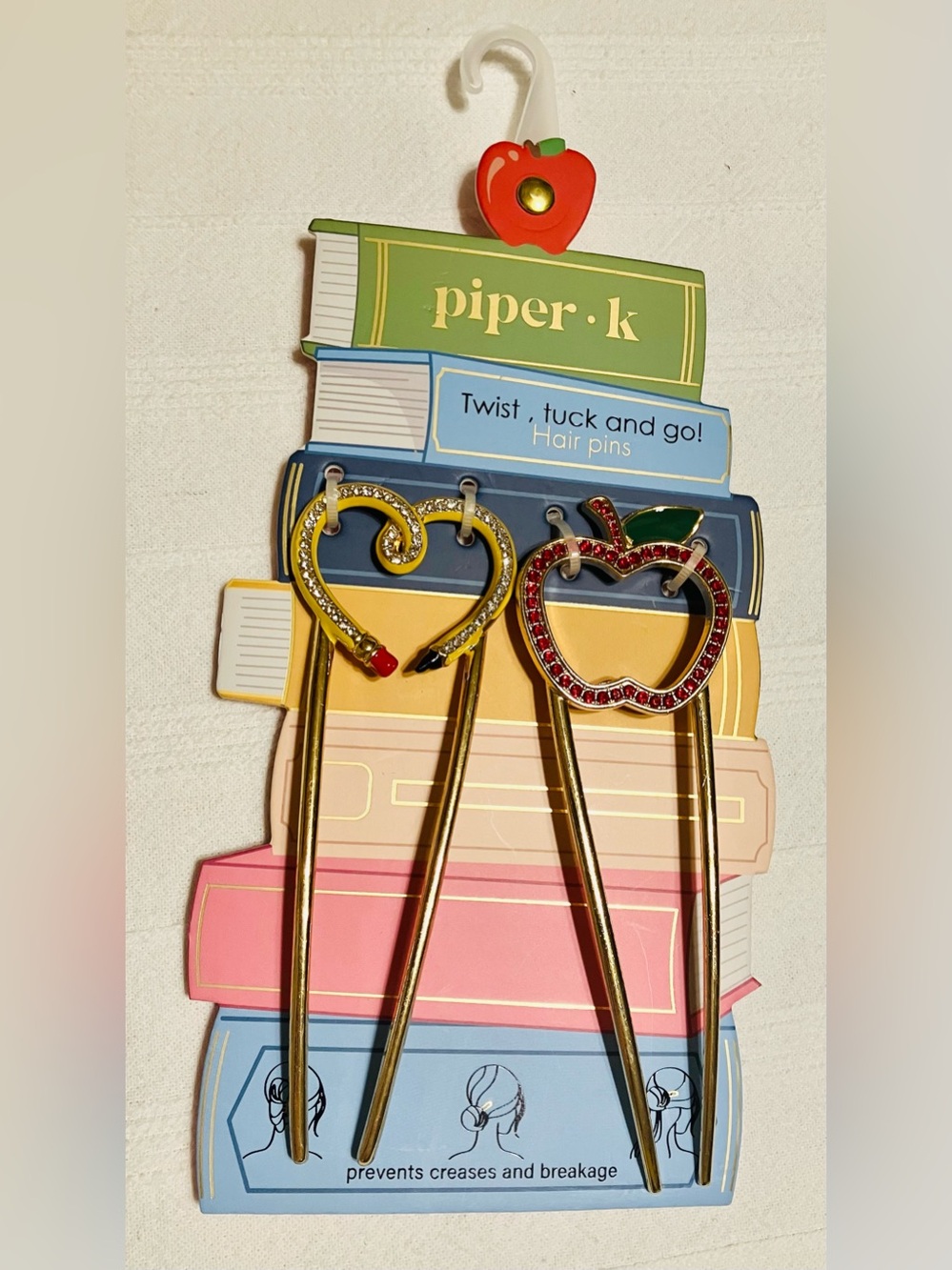 Piper K Back To School Pencil Heart & Apple Hair Pins Set NWT